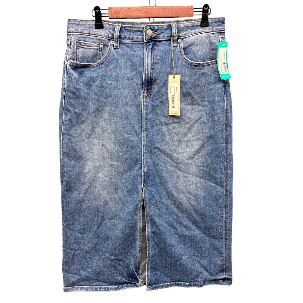 JUST USA Front Slit Midi Skirt Womens L Blue Denim Casual Pockets Stretch NWT
